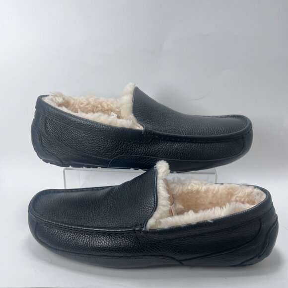 Ugg Black Leather Mens Ascot Slippers With Shearling Lining Size 14 - Picture 1 of 8